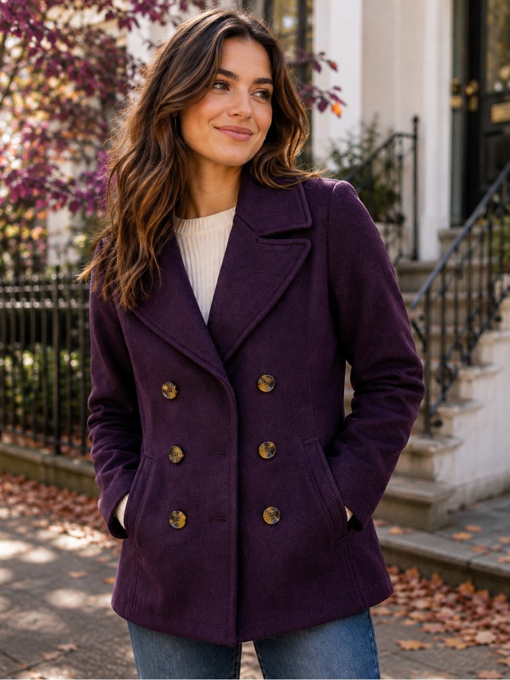 Kristen Blake Purple Wool Blend Double Breasted Peacoat Jacket Size Medium
